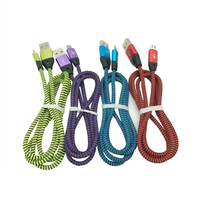 New Arrive Metal Head Fat Noodle Braided Woven Cord Sync Data Micro USB Cable 1M 3FT Wire for Samsung HTC Smartphone