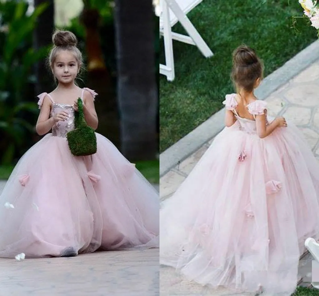 2019 Rosa Blush Blumenmädchenkleid Spaghettiträger Ballkleid für Junior-Brautjungfern Kindergeburtstag, Abschlussball, Party, Festzugkleid