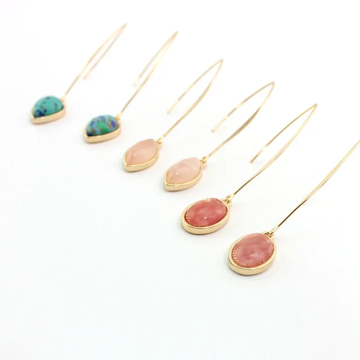 Fashion Gold Color Natural stone Water Drop Oval Earrings Green Pink Crystal Dangle Earrings For Women Jewelry