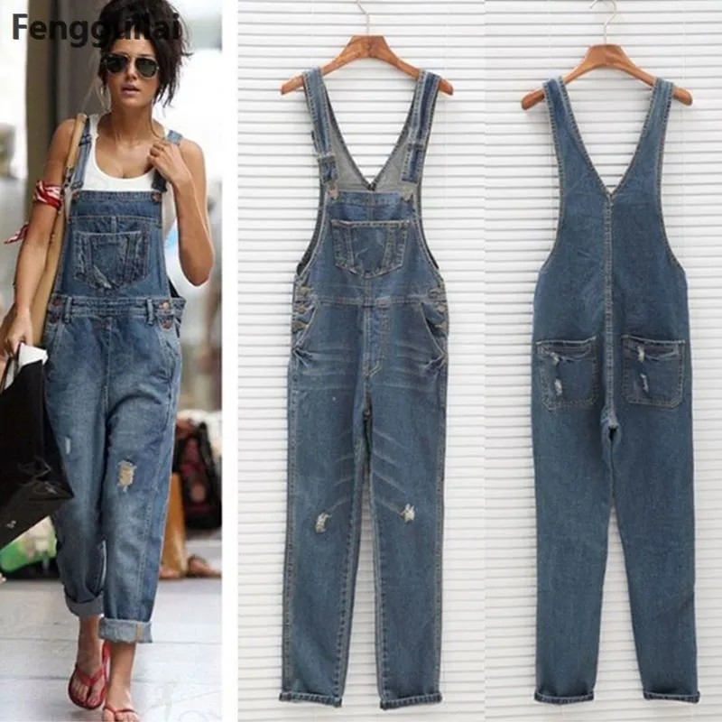 2018 New Stylish Casual Loose Vintage Women Denim Overalls Scratched Washed Ripped Hole Girl Full Lengt Pants Female Jumpsuits S18101604