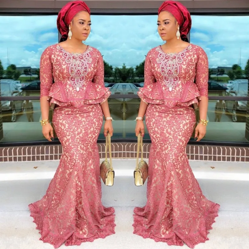 DHgate Custom Made Full Lace Mermaid Plus Size Prom Dresses Jewel Neck Beaded 3 4 Long Sleeves Peplum African Dubai 2018 Prom Dress Wedding Party Events
