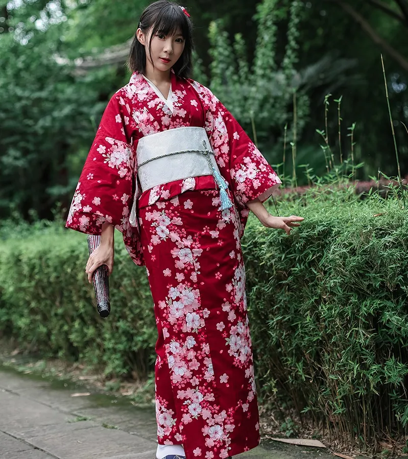 Asian Standard Traditional Japanese Floral Kimono with Obi Women's Cotton Bath Robe Yukata Female Vintage Cosplay Costume Evening Dress