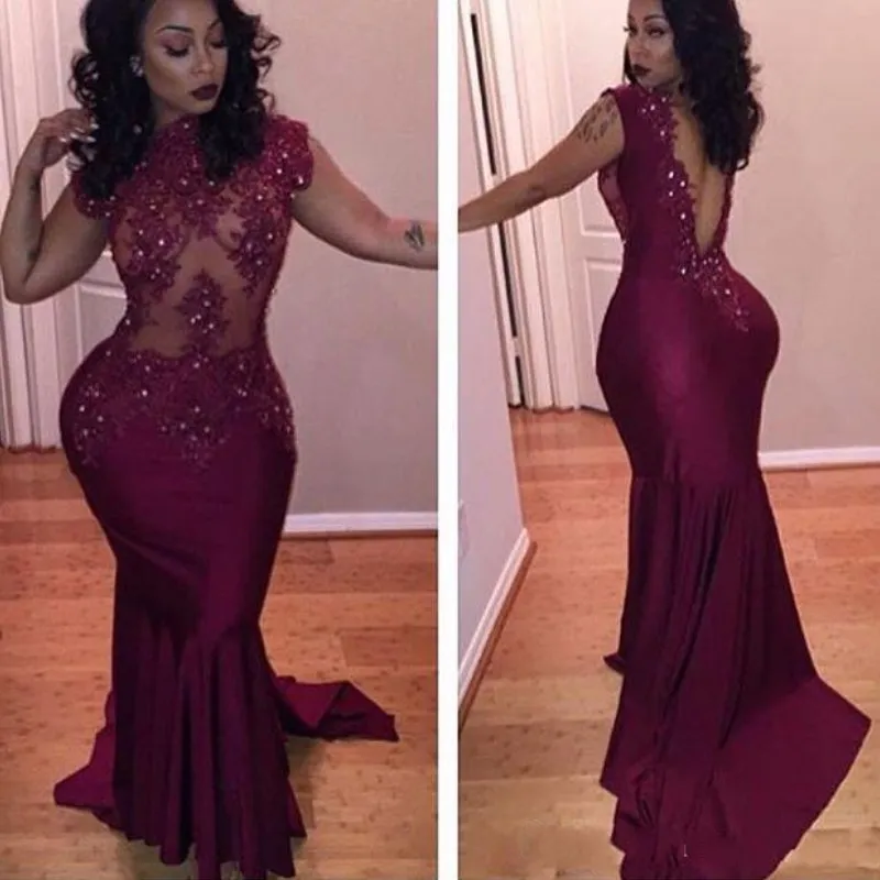 Bourgogne Sexy Longue Robes De Soirée 2018 Robe De Noche Custom Made Robes De Bal Dentelle Appliques Perlée Dos Nu Sirène Robe De Bal