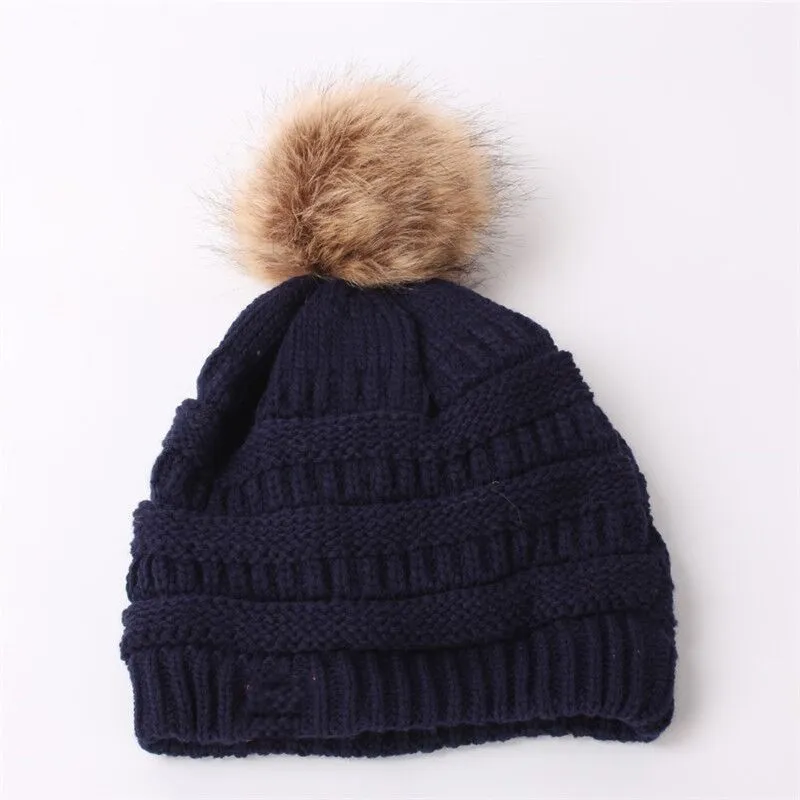 Marque hiver chaud plus épais doux extensible câble bonnets chapeaux femmes fausse fourrure Pom Pom tricoté Skullies Caps214W