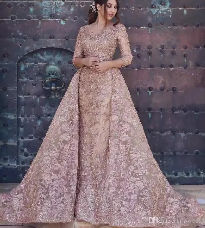 DHgate Elegant Mermaid Prom Dresses 2019 Sexy Long Sleeves Full Lace Appliques Formal Party Evening Dress with Overskirt Wedding Party Events