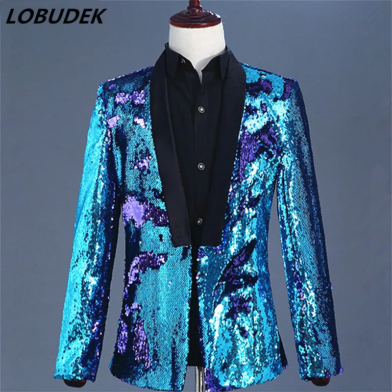 Vokal konsert mode män lila blå sequins blazers dubbel färg sequins jacka coat prom party male singer värd scen outfit tidvatten kostym