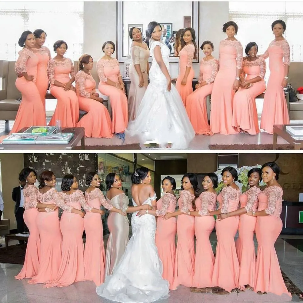 Coral Bridesmaid Dresses 2019 Ny 3/4 Long Lace Mermaid Main of Honor Gowns Formell Bröllopsfest Gäst Junior Klänning Afrikansk formell klänning