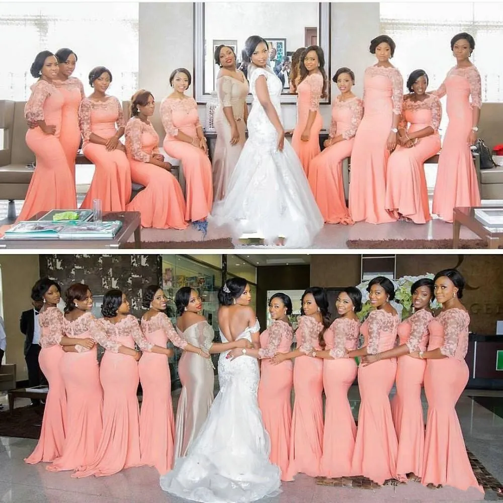 Robes de demoiselle d'honneur corail 2019 nouveau 3 4 longue dentelle sirène demoiselle d'honneur robes formelle fête de mariage invité junior robe africaine Formal203J