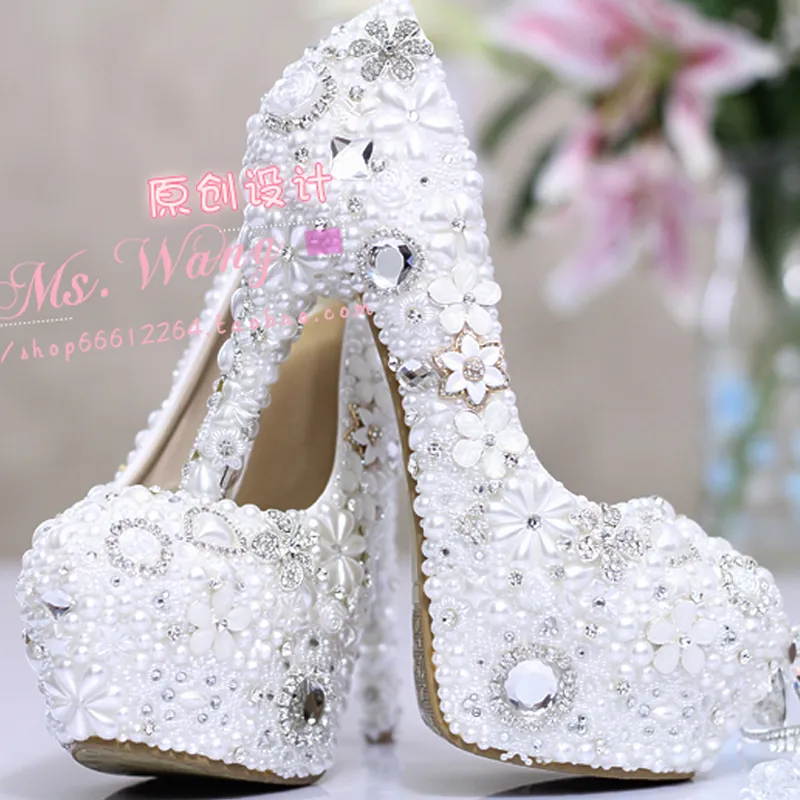 Fashion Luxurious Pearls Crystals White Wedding Shoes Size High Heels Bridal Shoes Party Prom Women Shoes 292n