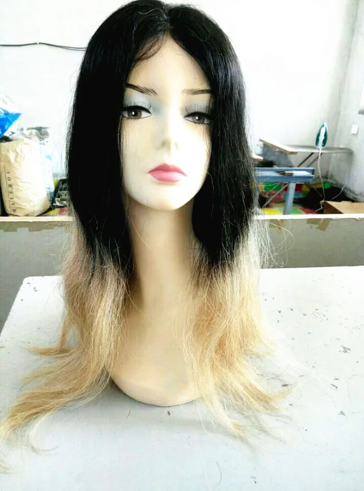 Nowy Przyjeżdża Human Virgin Brazylijski Koronki Włosów Przód Peruki Ombre T1B / 27 # Kolor Naturalny Czarny / Blondynka