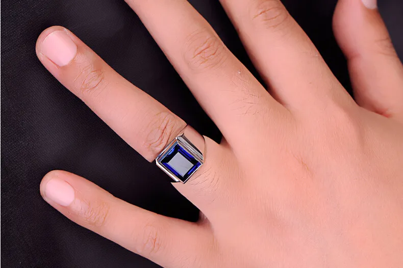 2016 Merk Mode Man Ring Prinses Cut 10CT Blauw CZ Geboortestones Ring 925 Sterling Silver Engagement Wedding Band Ring voor Mannen