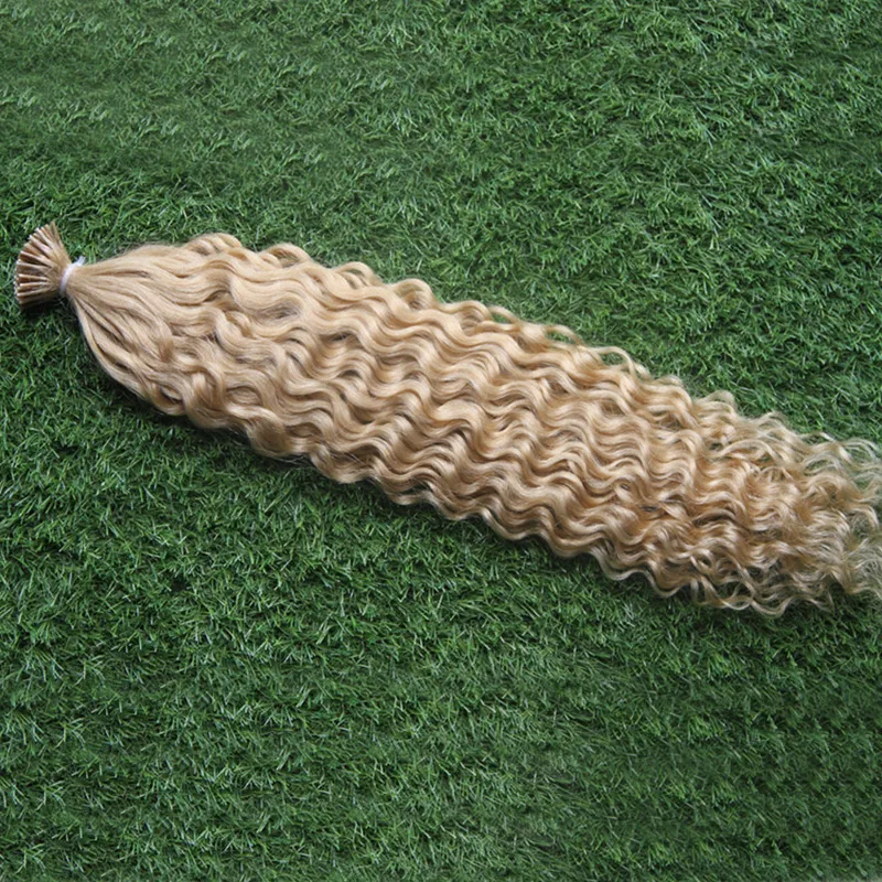 613 Extensiones de cabello con punta en I de cabello rizado mongol de cabello virgen rubio 100 g / hebras extensiones pre unidas rizadas