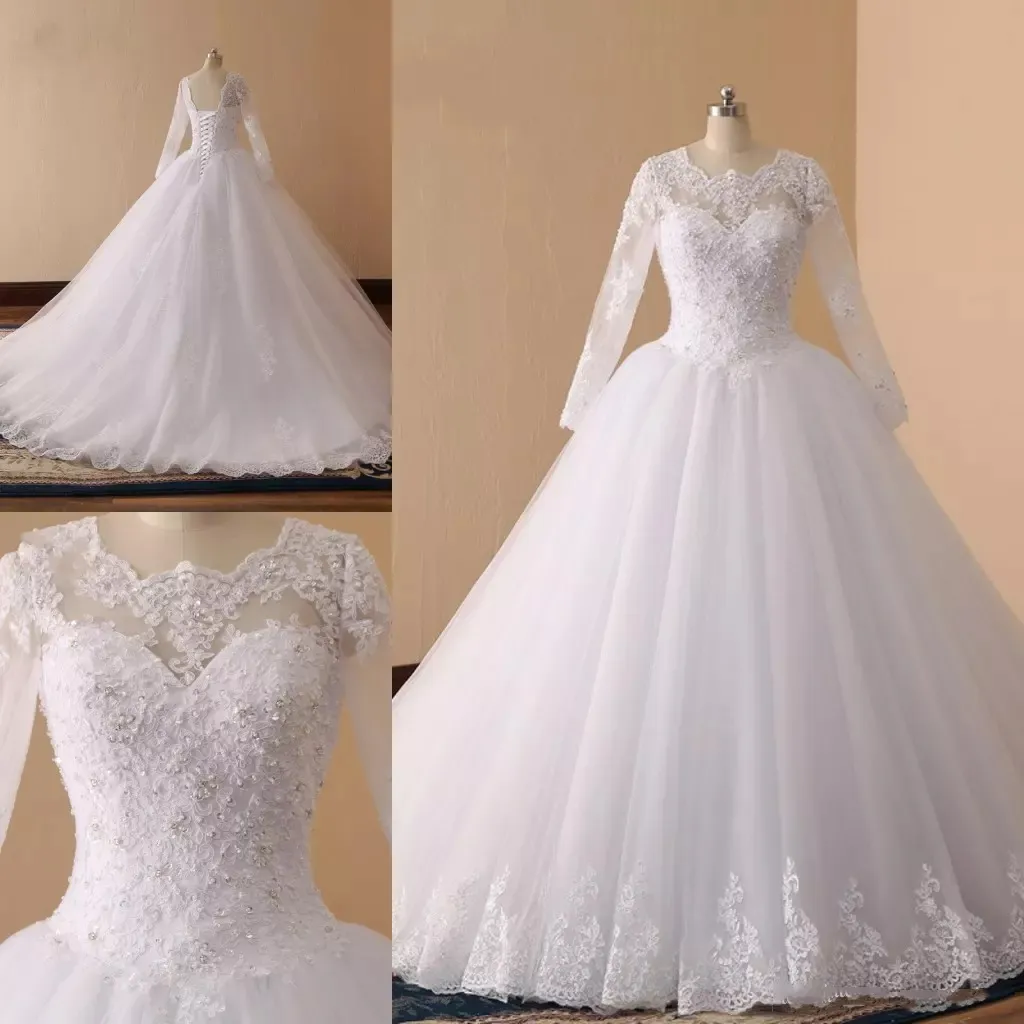 Vestidos de novia de diseño simple, manga larga, cuello redondo, lentejuelas plateadas, vestido de baile, tren de corte, vestidos de novia, vestidos de novia de alta calidad