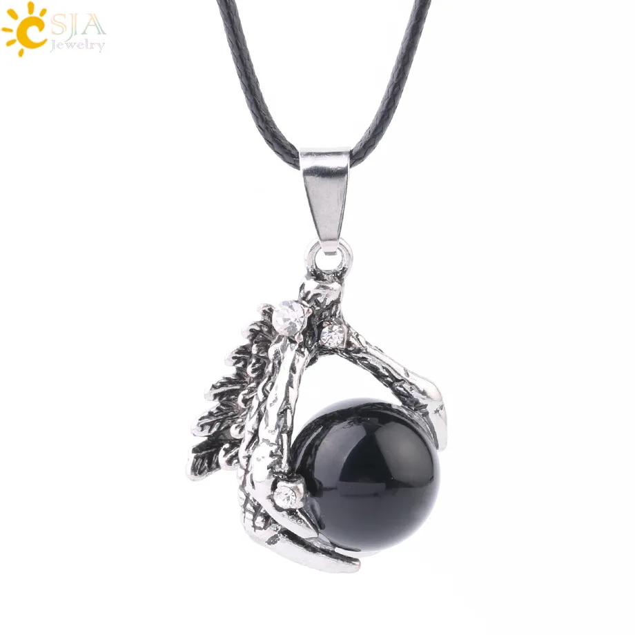 CSJA Herren Gothic Biker Statement Halskette Tribal Dragon Claw Silber Anhänger Halsketten Black Onyx Edelstein Ball Charms Kragen De Hombres S195