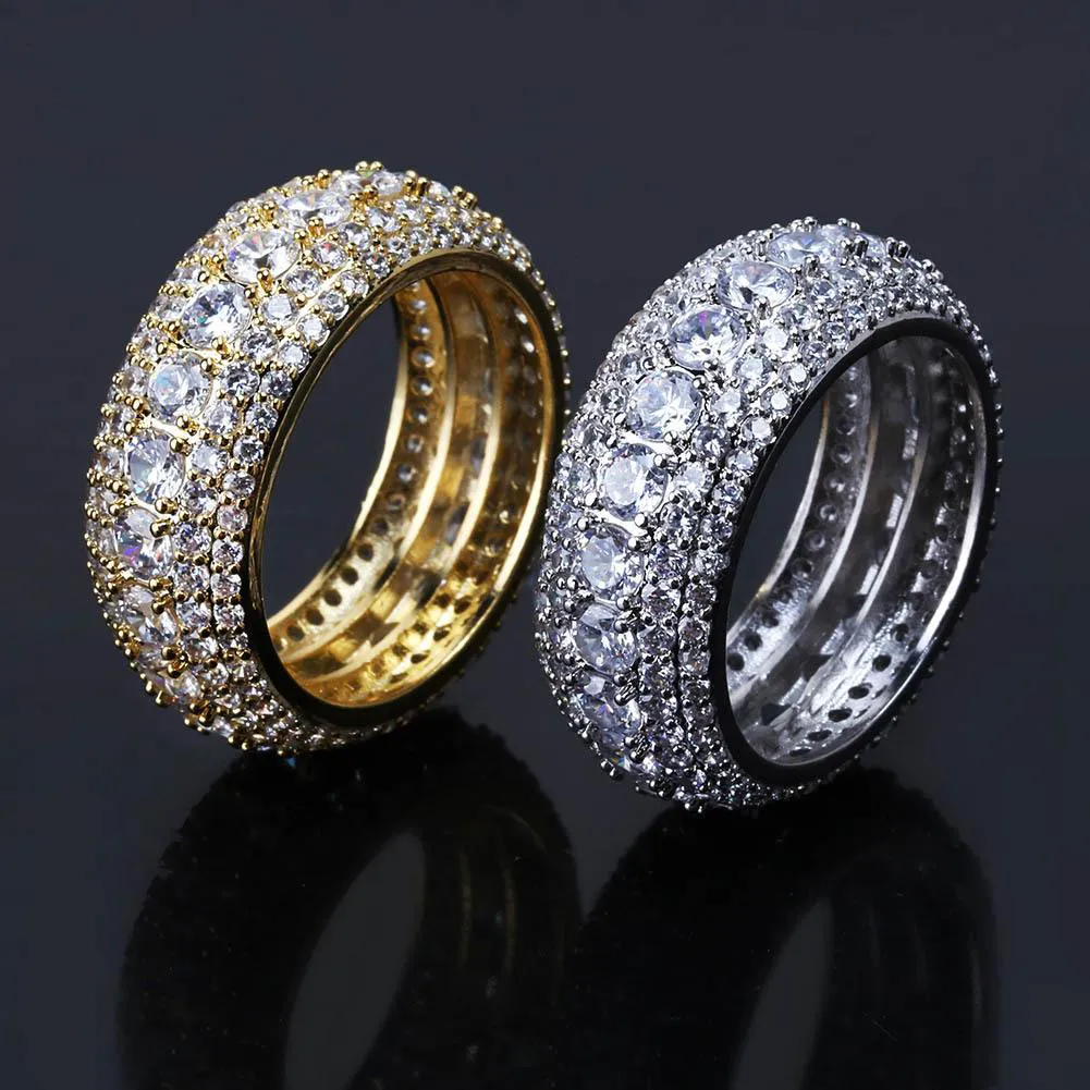 mens ring vintage hip hop jewelry Zircon iced out stainless steel rings luxury gold silver plated Five row drill fashion Jewelry wholesale