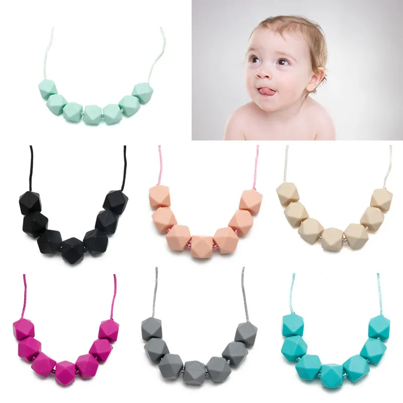 아이 식품 학년 DIY 실리콘 씹는 보석 쥬얼리 젖니가 남빛 목걸이 체인 Teether 귀여운 매력 BPA 무료 비즈 폴리곤 실리콘