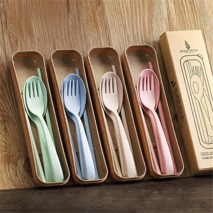 3pcs/set New Portable Wheat Straw Spoon Fork Chopsticks Set Tableware Eco-friendly 4 Colors Reusable Wheat Straw Travel Camping Cutlery Set