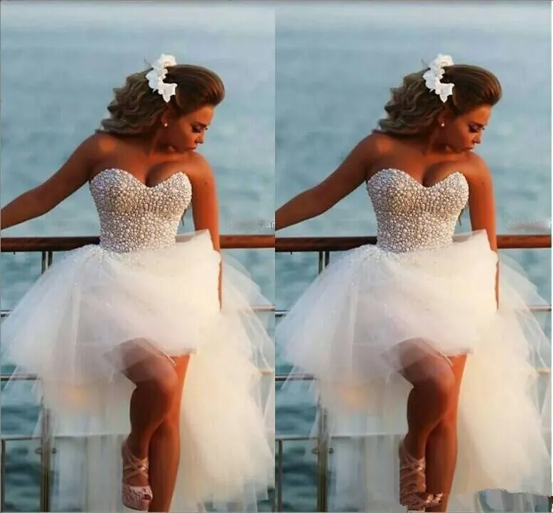 Sweetheart Crystal Grânulos Vestidos de Noiva Espartilho Puffy Tulle Saia Fashion Formal Party Wear Praia Praia Vestidos Bridais Vestido