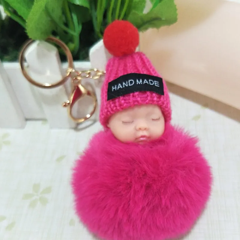 Sovande baby docka nyckelring pom-pom kanin päls boll nyckelring kvinnor nyckelhållare väska hänger modesmycken