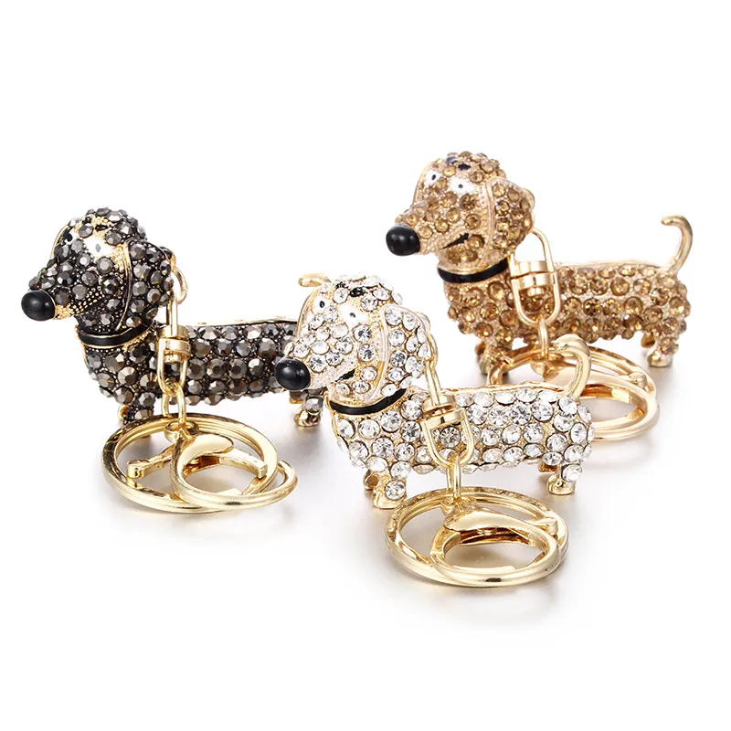 Rhinestone Crystal Dog Dachshund Keychain Bag Charm Pendant Keys Chain Holder Key Ring Smycken för Women Girl Gift 6C080413376