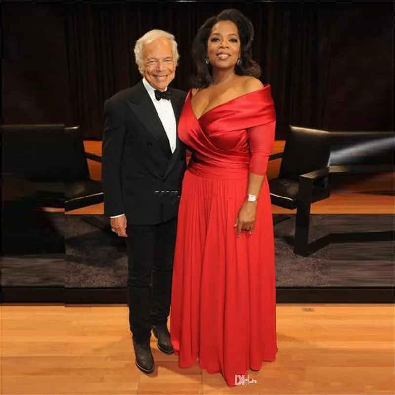 Oprah formale winfrey fuori spalla più taglia abiti da sera 34 abiti da ballo in chiffon rosso arrucifato a buon mercato dr8746059