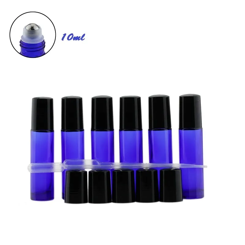 Gradiente de color 10 ml Aceites esenciales de vidrio botellas de rodillos con bolas de rodillo de acero inoxidable y tapas de plástico negras en botellas