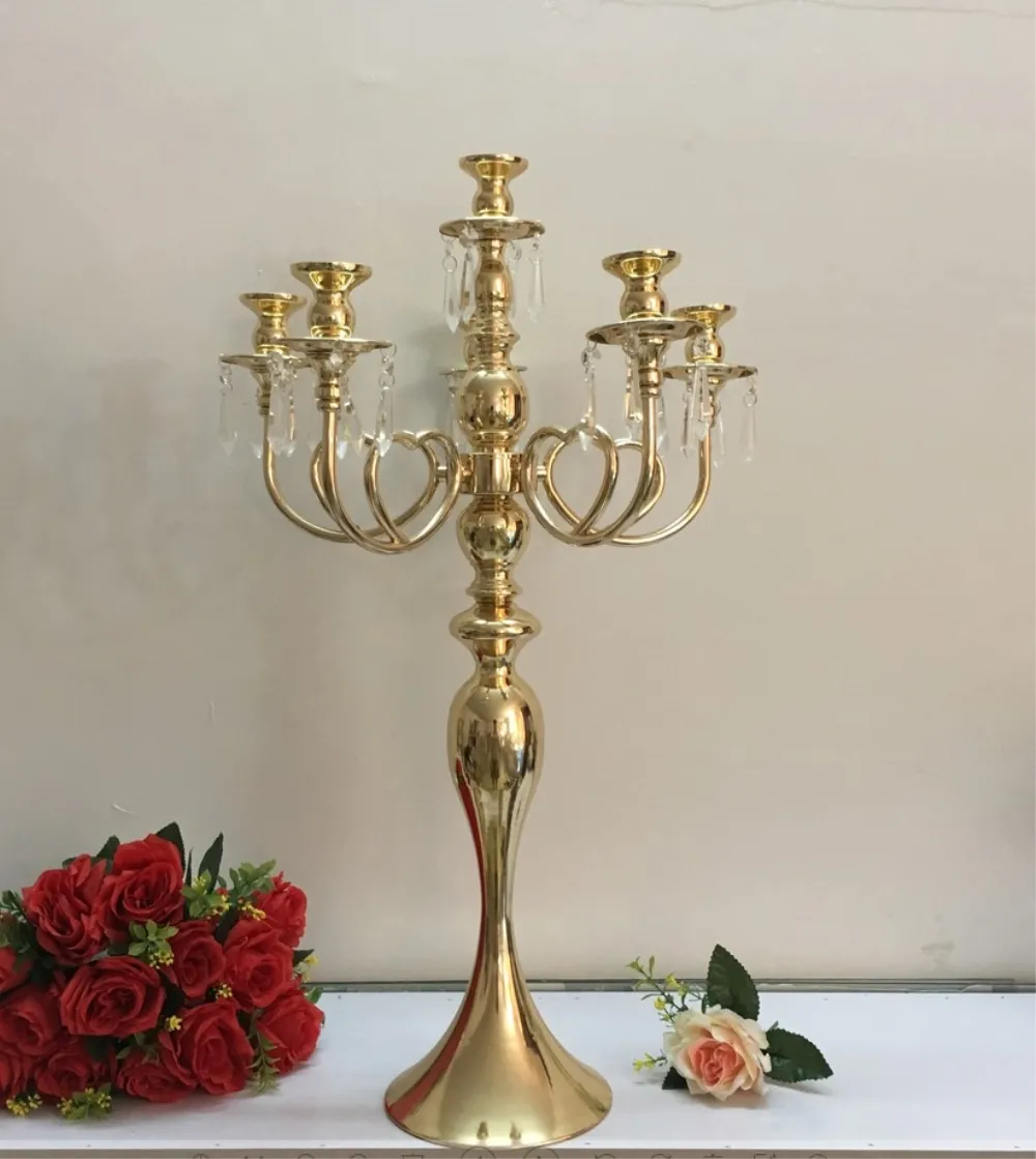 Candelabros dorados de 5 cabezas/3 brazos, candelabros para mesa, centros de mesa para bodas, candelabros para fiestas y eventos, decoración del hogar