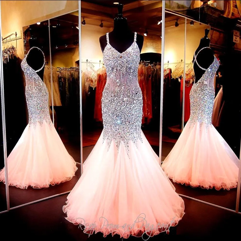 Coral Merraid Style Prom Dresses Blingbling Pärled Crystal Long Pageant Dresses Full Längd Crisscross Back Corset Prom Gowns