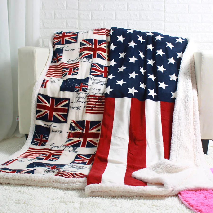 Stor rabatt dubbellager tjockt USA US UK England British Flag Fleece Sherpa TV Soffa Gift Filt kastar filtar 130x160cm