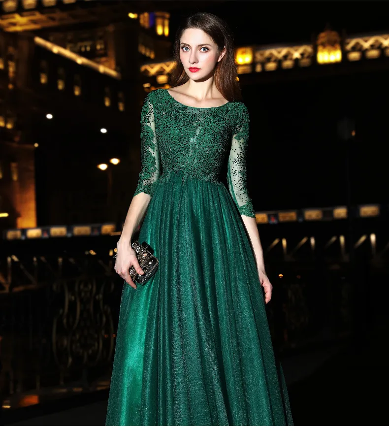 Oszałamiające suknie wieczorowe Dark Green Długi Prom Dress Zipper Back Pleys Tulle z Shining Corading Koronki Aplikacja Suknie wieczorowe Plus Size