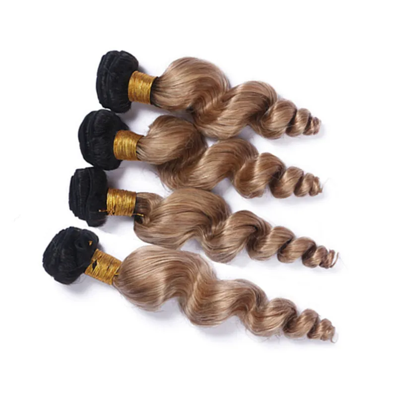 Peruvian Honey Blonde Ombre Human Hair Bundles Loose Wave Wavy #1B/27 Dark Root Light Brown Ombre Virgin Human Hair Weave Extensions