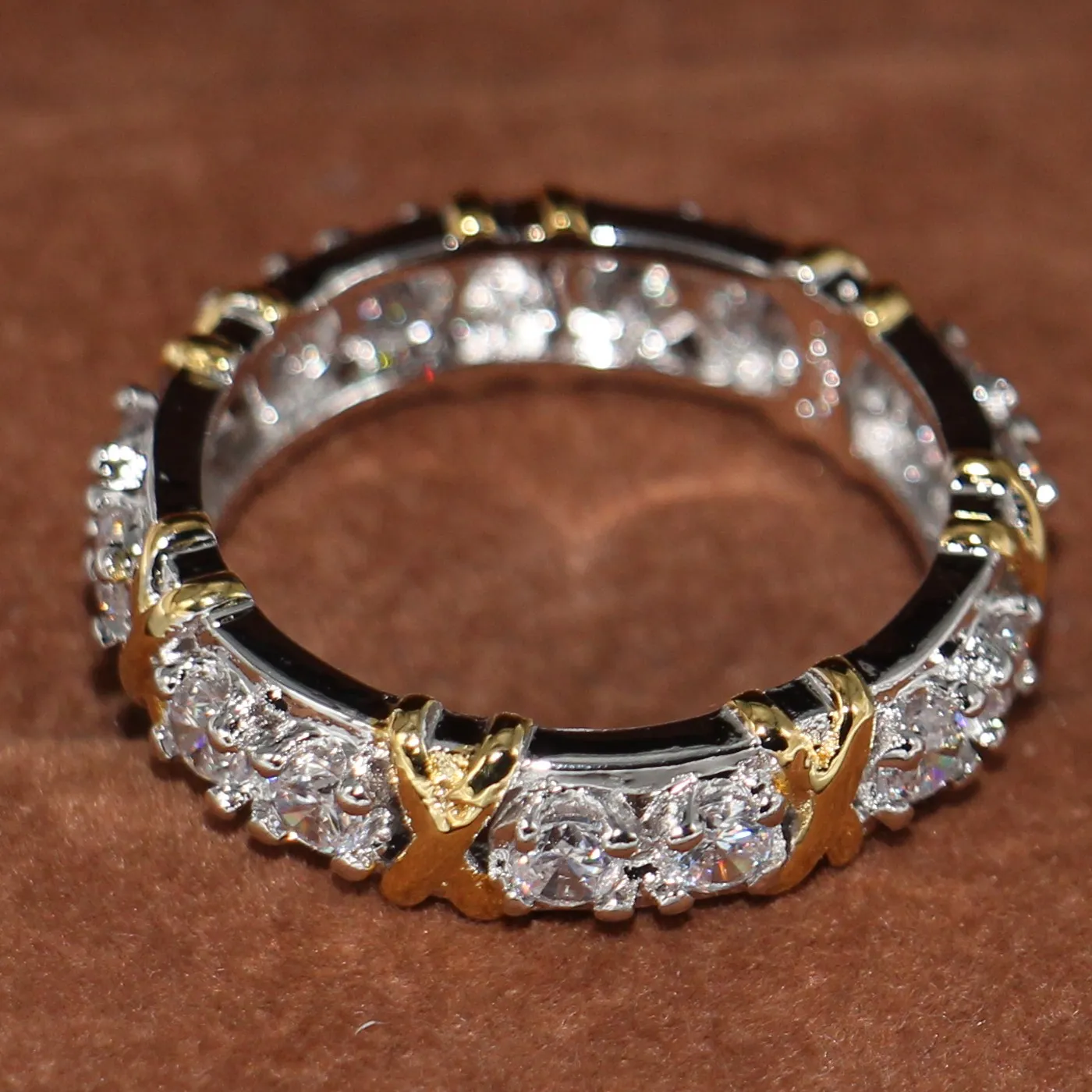 Hele professionele eeuwigheid Diamonique CZ gesimuleerde diamant 10KT WhiteYellow Gold Filled Wedding Band Cross Ring maat 5-11182C