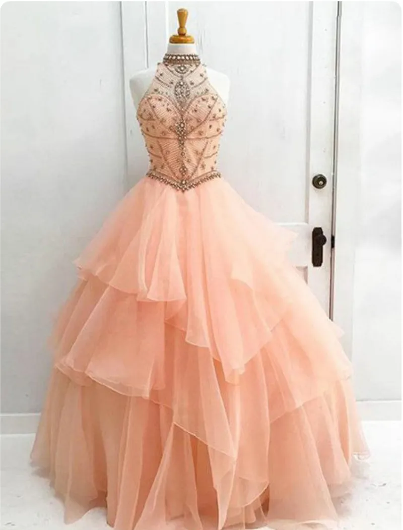 A-line Peach Lace Tulle V Back Wedding Prom Evening Party Dress - Princessly