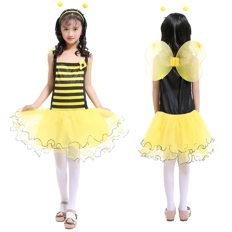 Little Bee Girls Siling Dress Yellow Yarn Patchwork Tutu Gonna con Yellow Wing + Headband Princess Dress Suits Costume per bambini di Halloween