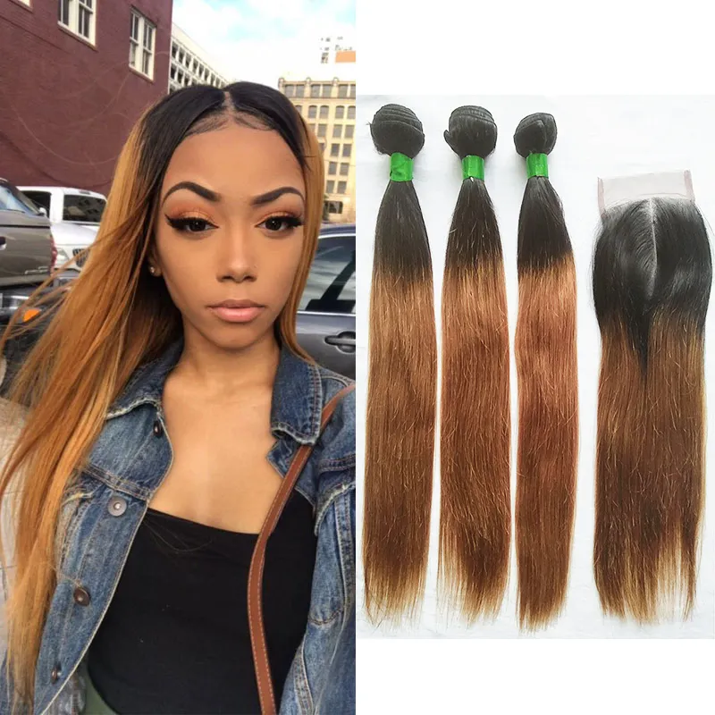 Ombre T1B/30 Straight Colored Hair Bundles with Closure Brazilian Ombre Medium Auburn Human Hair Weave 3 Bundles with 4x4 Lace Closure