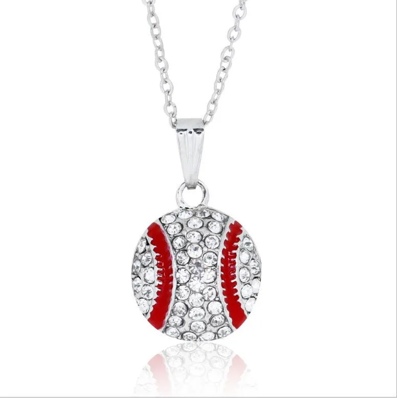 Baseball Pendant Necklace Sparkling Crystal Rhinestone Silver Chains ...