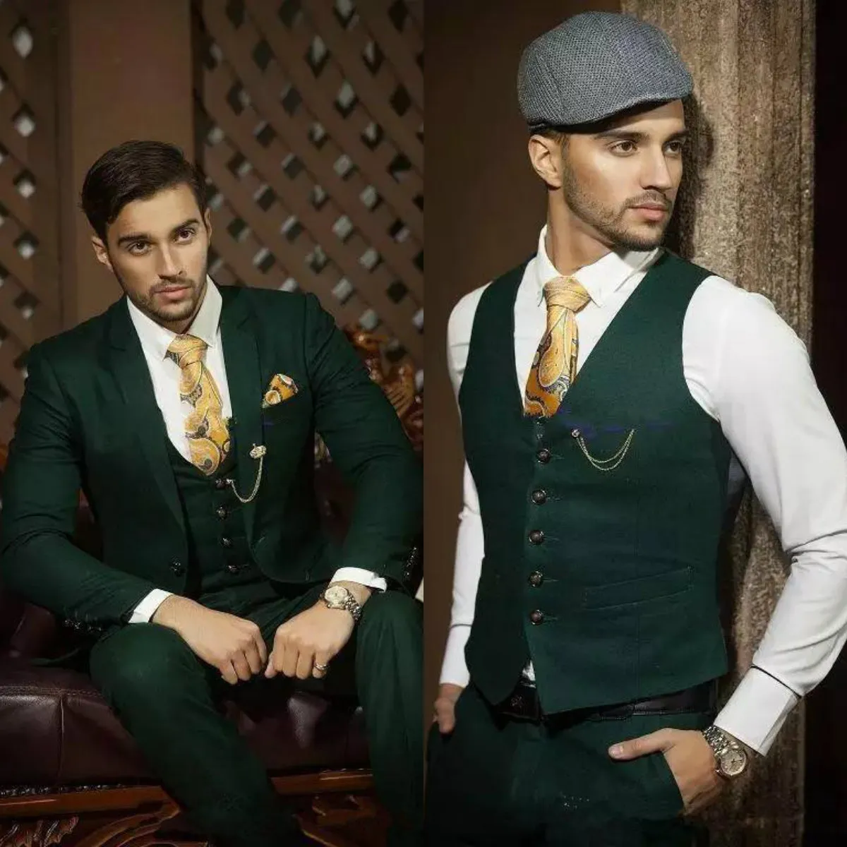 Hunter Green Men Garnitury Blazer Groom Tuxedos Notch Lapel Slim Fit Oblubienica Formalna Nosić Najlepszy Mens Garnitur do Wesela (Kurtka + Spodnie + Kamizelka)