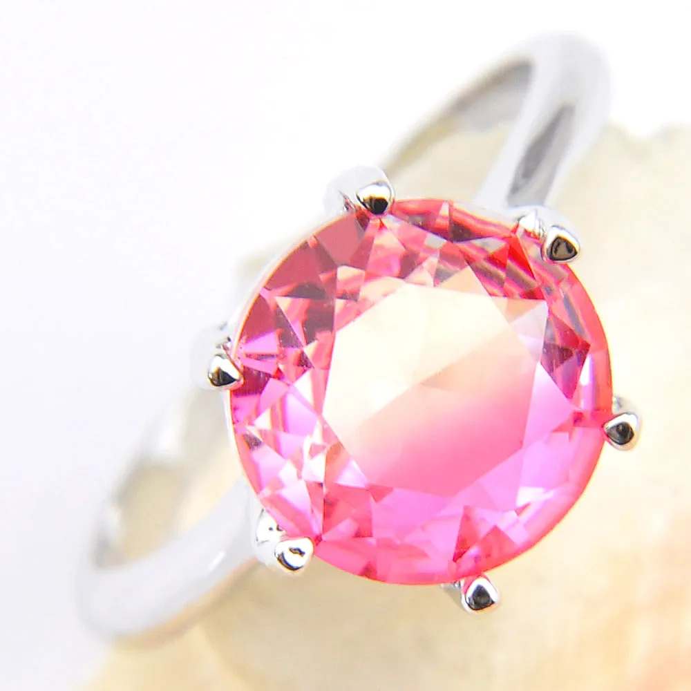 Luckyshine Gioielli popolari di moda per le donne Anello con timbro 925 Anello rotondo con tormalina rosa Anelli di nozze placcati in argento sterling 925 con pietra preziosa