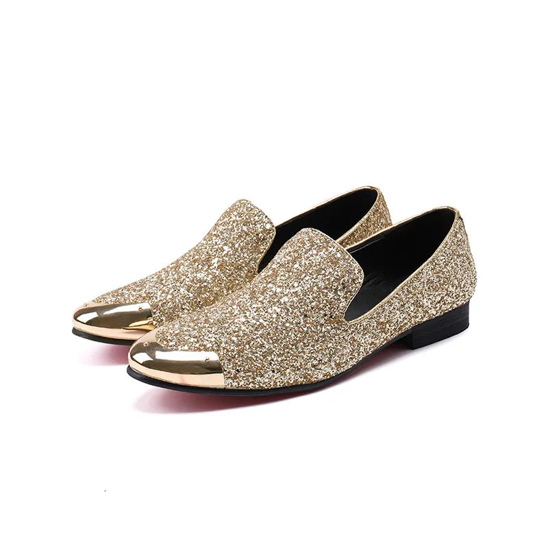 Fashion Men Shoes Gold Metal Cap Flats Dress Shoes Silver Glitter Men Leather Wedding Shoes Business and Party