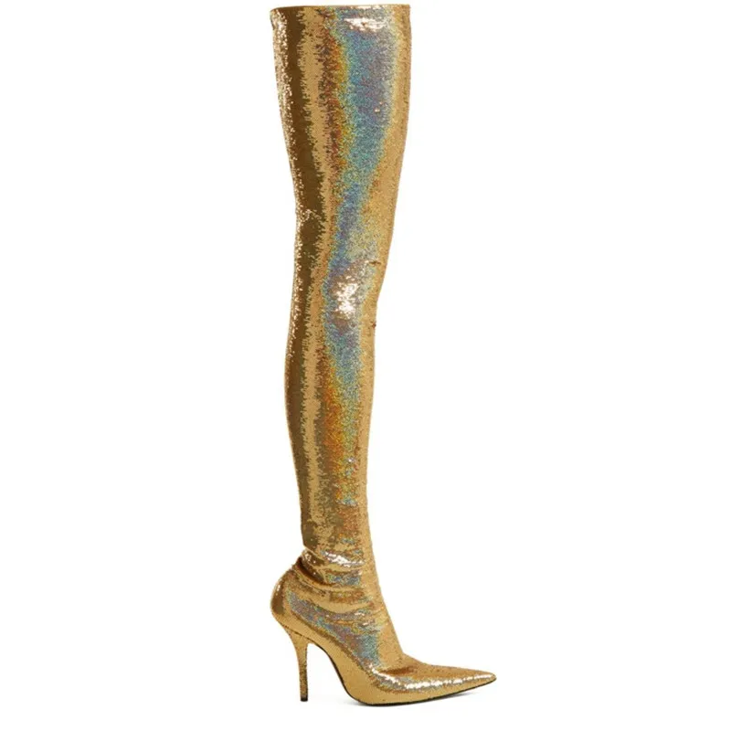 US4-11 Kvinna Pekade Toe Stilettos High Heel Over Knee Lår High Boots Slim Sexy Stretch Sequins Bling Gold Sliver Glänsande skor