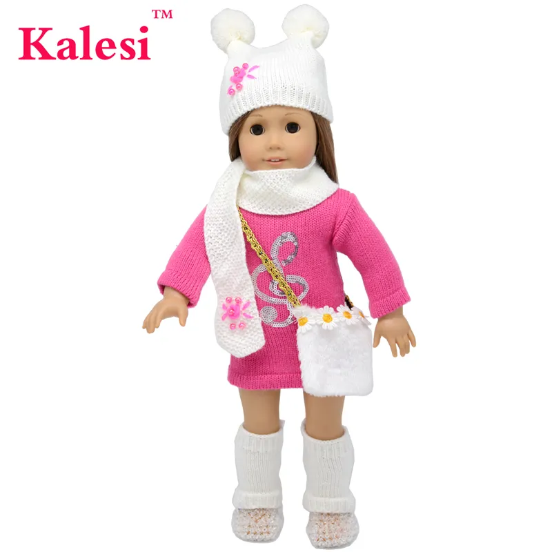 6-teiliges 18-Zoll-Mädchenkleidungs-Zubehör-Puppenpullover-Kleid-Hut-Tasche-Zubehör-Set für 18-Zoll-Puppenkleidung