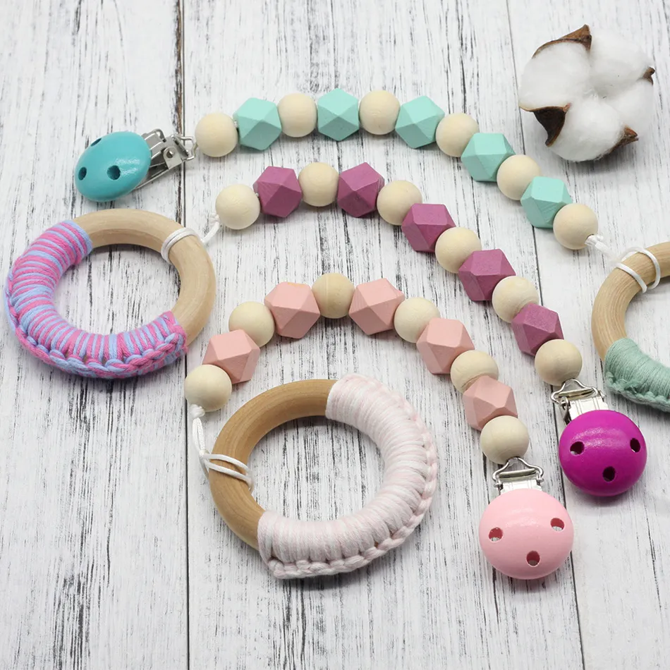 Non Toxic Wooden Wooden Bead Pacifier Holder For Babies Soother Holder