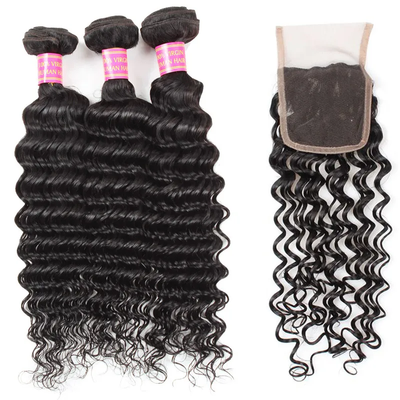 Factory Cheap 8A Unprocessed Brazilian Virgin Hair 3 Bundles with 44 Lace Closure Straight Hair Body Loose Deep Curly Water36513463634277