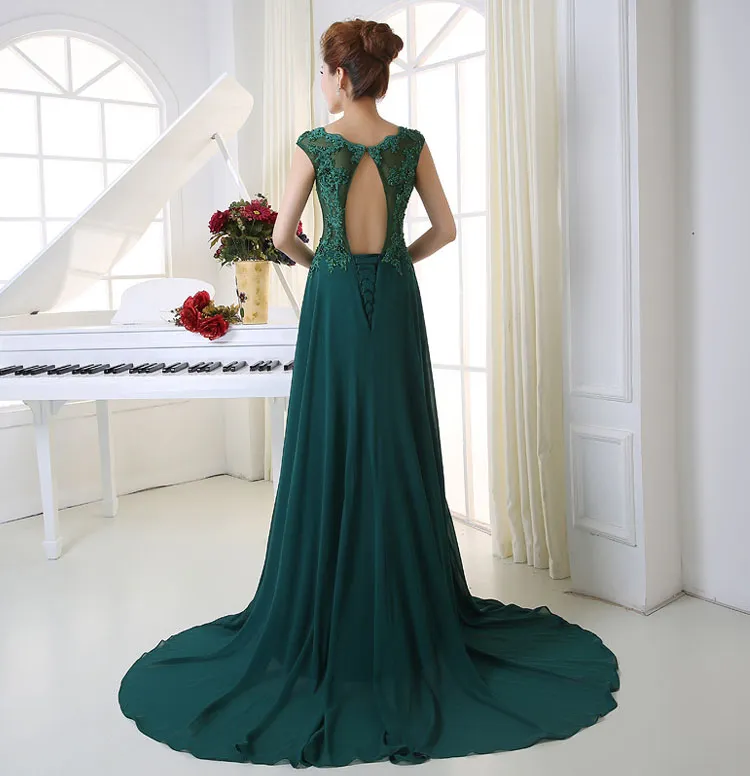 New High Quality Green Lace Applique Word Shoulder Bridesmaid Dresses Long Tail Back Small Hollow Bandage Evening Dresses