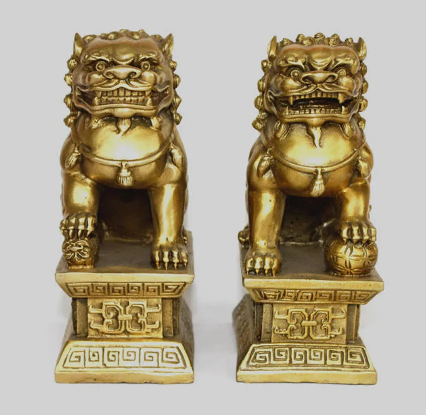 Bronze chinois laiton gardien Foo Fu chien phylactère porte Lion paire statue 6.5"