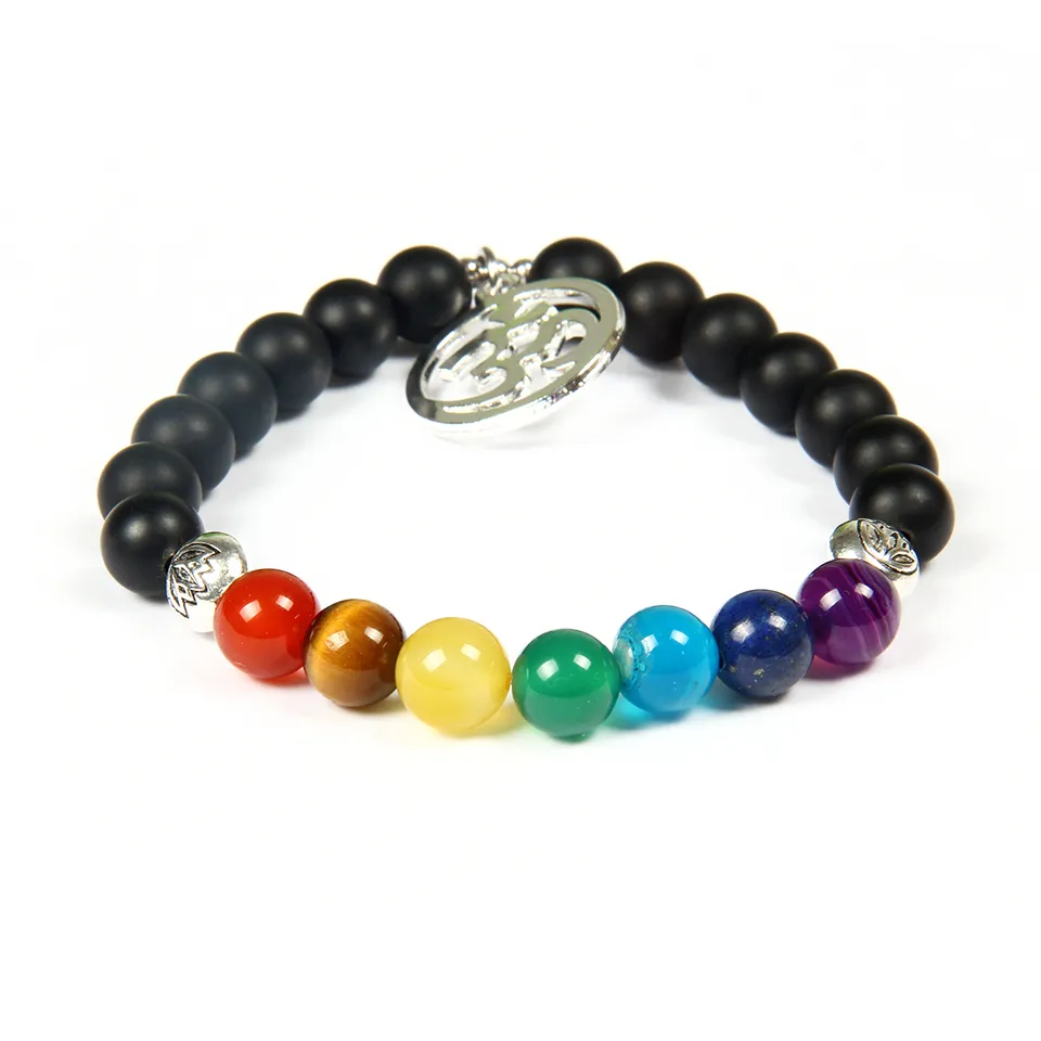 New Design Wholesale 8mm Natural Stone With 7 Chakra Healing Stone Yoga Meditation Big Silver Om Couples Distance Bracelet