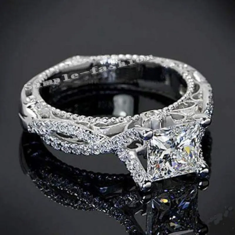Women vintage ring Handmade Princess cut 2ct Diamond 925 Sterling silver Engagement Wedding Band Ring for women