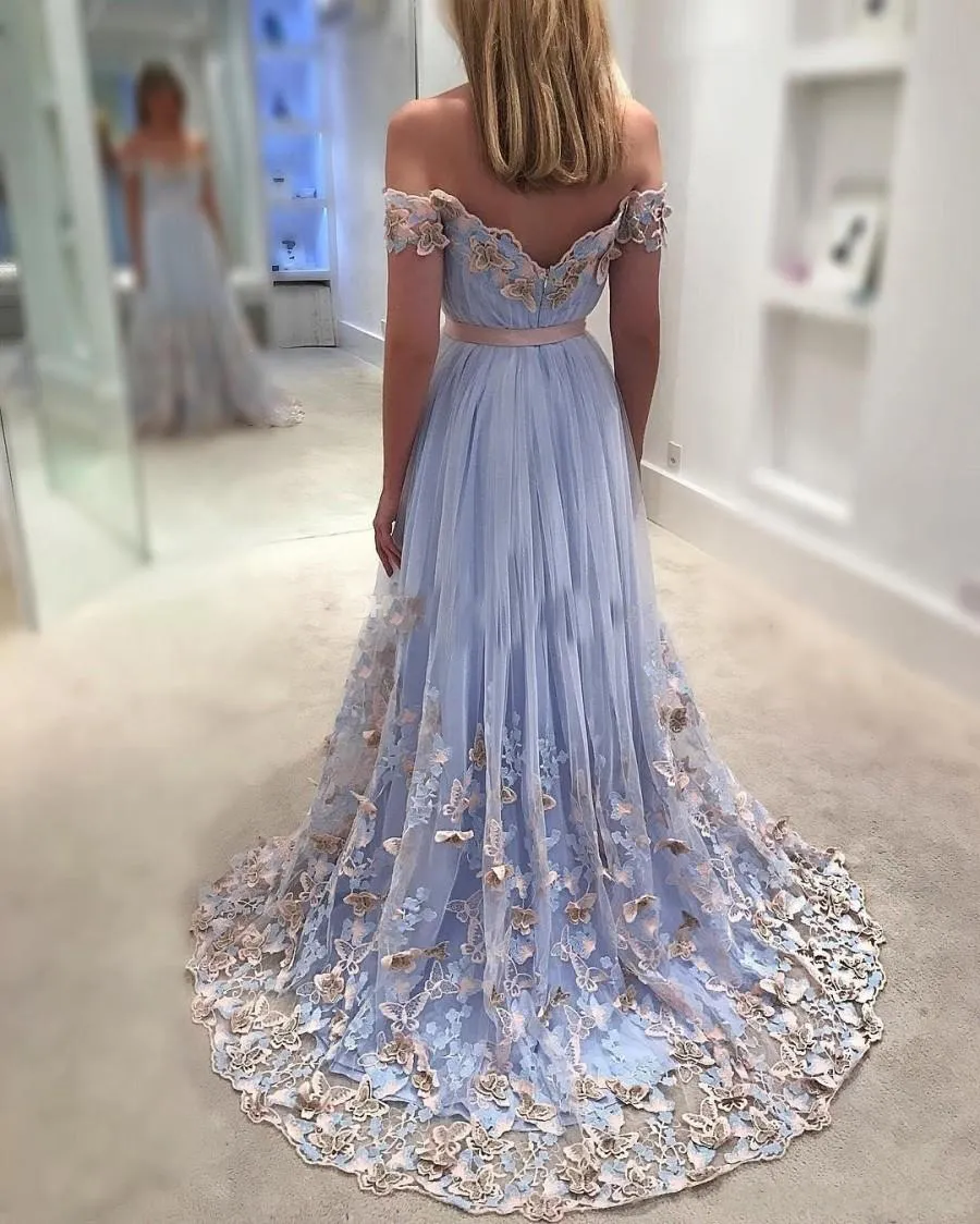 2019 handgjord blommig ljus himmelblå en linje av axel prom klänningar älskling tulle sopa tåg kväll formella klänningar söt