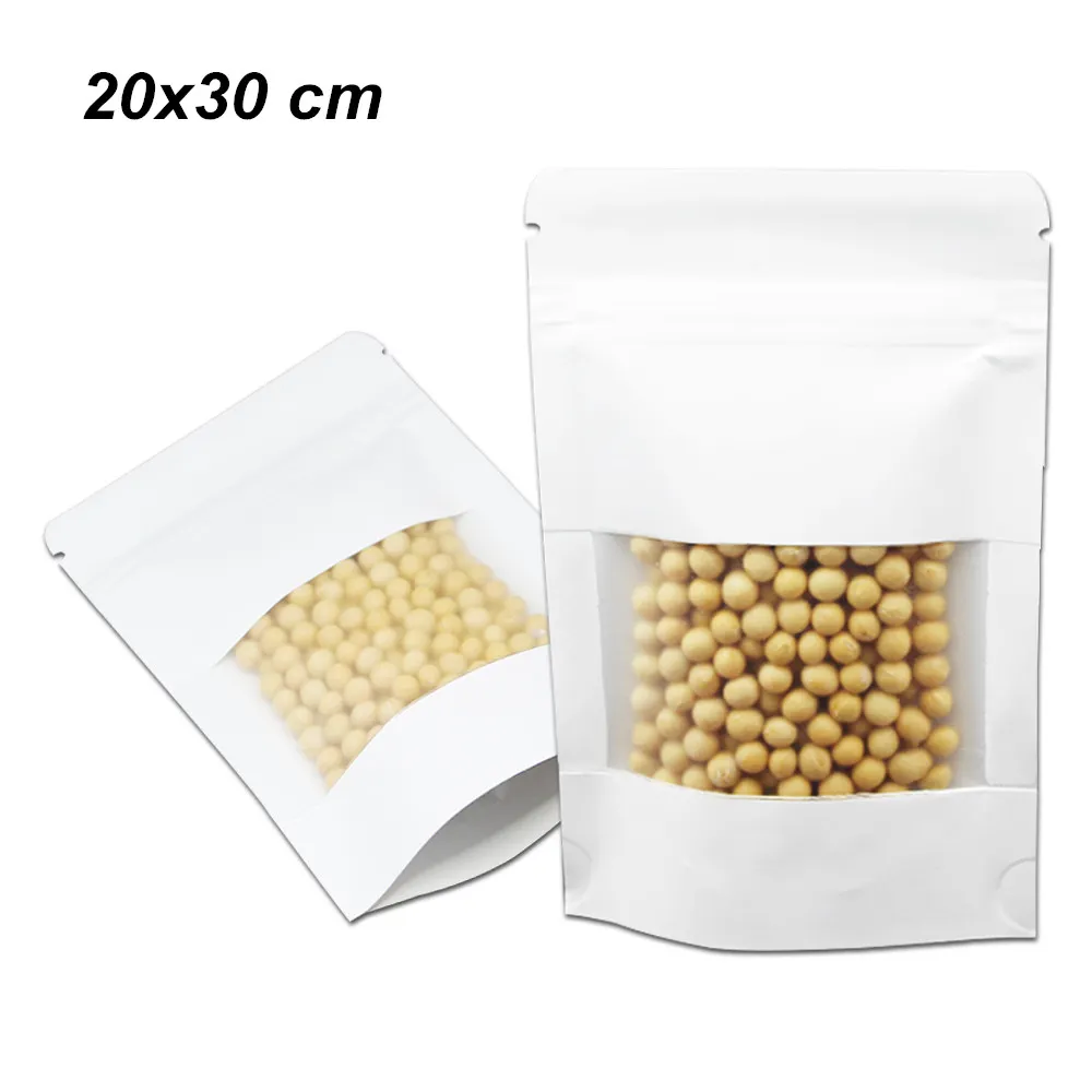 Buste per imballaggio Doypack richiudibili con finestra trasparente bianca da 20x30 cm per snack Noci secche Stand Up Borsa per imballaggio con chiusura a cerniera in carta Kraft