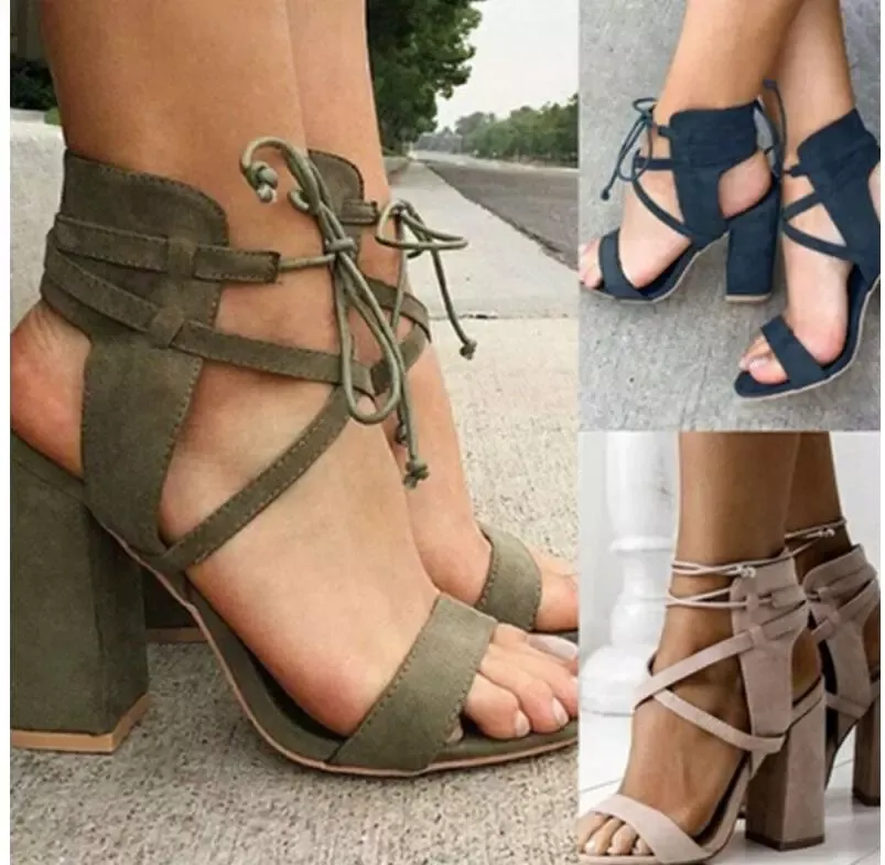 Women s Gladiator Sandals Summer Open Toe Chunky Heel Lace Up Ankle Strap Flock Sandals for Dress 2024